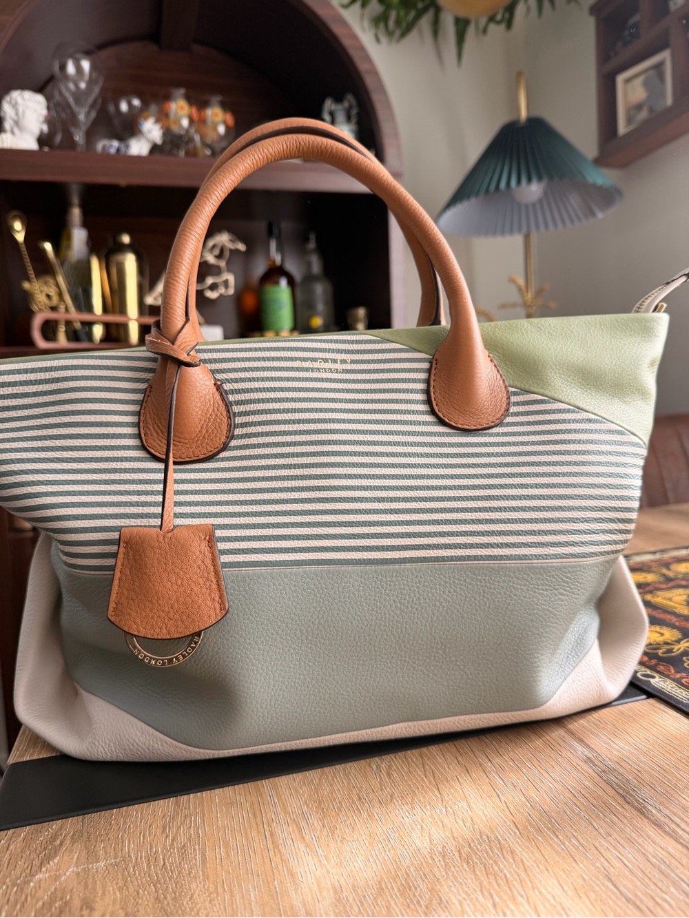 Striped Mint and Tan Leather-Trim Tote Bag